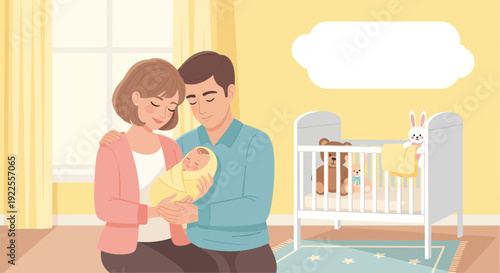New parents lovingly hold their newborn baby celebrating the joy of family.