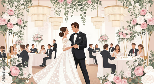 Newlywed couple in elegant wedding attire embracing each other.