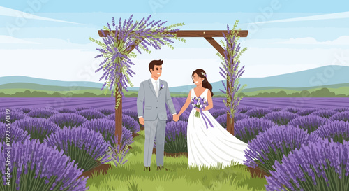 Newlywed couple holding hands under a lavender arch.