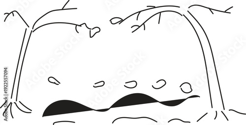 A cartoonish illustration of a bear's face peeking from behind trees with a surprised expression