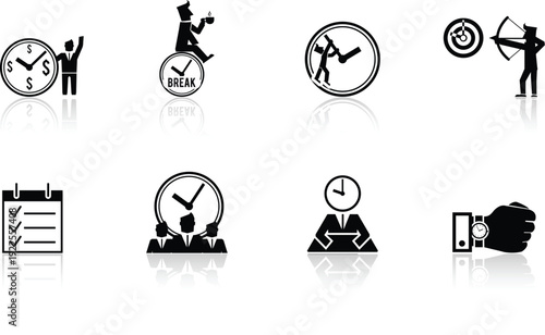 Professional black and white icon set illustrating various time management concepts, work-life balance, and productivity symbols.