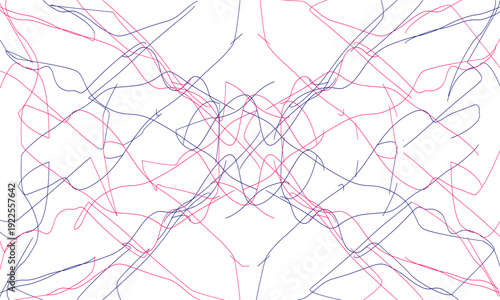 Abstract composition of chaotic intersecting thin red and blue lines