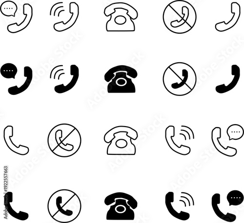 Collection of classic telephone and landline receiver icons in outline and solid styles