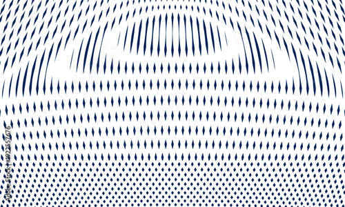 Abstract pattern of dark blue dashed curves creating a three dimensional sphere illusion