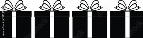 Black vector silhouettes of four gift boxes with white ribbons and bows isolated on white background for holiday design