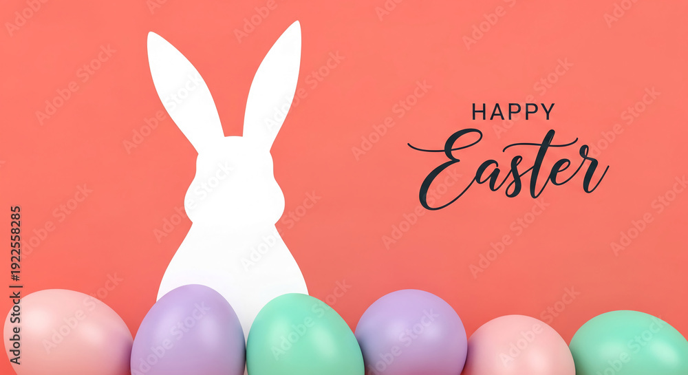 Obraz premium Flat lay of pastel easter eggs, white paper rabbit on orange background. Symbolic for Easter celebration, holiday spirit, cheerful season, festive event