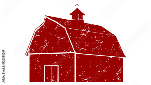 Distressed Red Barn Silhouette Icon with Gambrel Roof Isolated on White Background