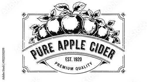 Vintage Black and White Apple Cider Label Design with Fresh Apples Illustration