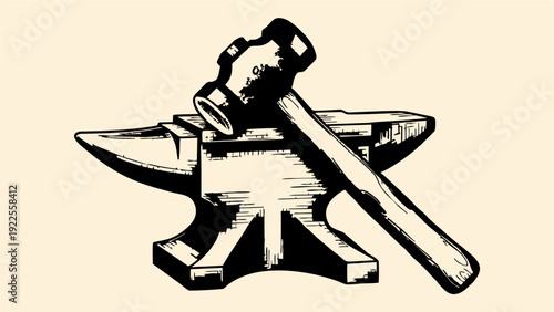 Vintage Engraving of Blacksmith Hammer Resting on Heavy Duty Anvil