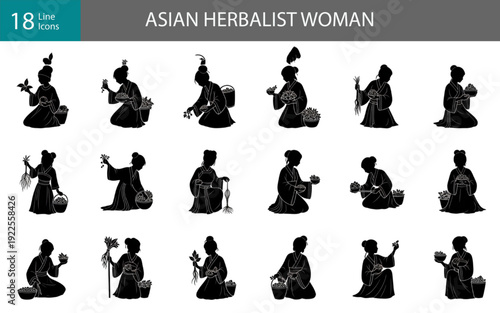 Asian Herbalist Woman Silhouettes – Traditional Medicine, Botanical Gathering and Healing Culture Vector Set