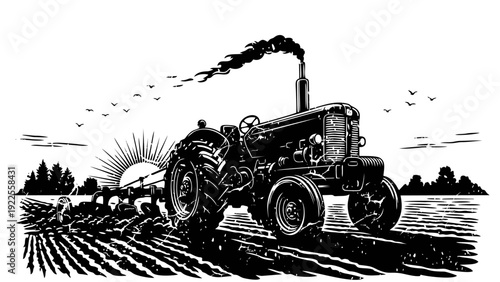Vintage Tractor Plowing Field at Sunrise Black and White Engraving Style Illustration