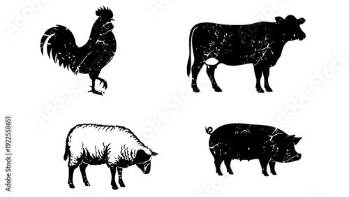 Vintage Style Farm Animal Icons Set Rooster Cow Sheep and Pig Silhouettes