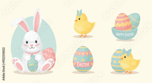 Adorable white easter bunny character sitting beside colorful decorated eggs and cute yellow chicks celebrating spring holiday festivity
