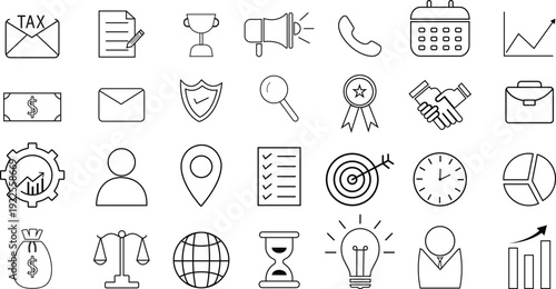 28 Business and finance line icon set with tax, documents, charts, money, target, clock and growth symbols. Minimal outline vector icons isolated on transparent background.