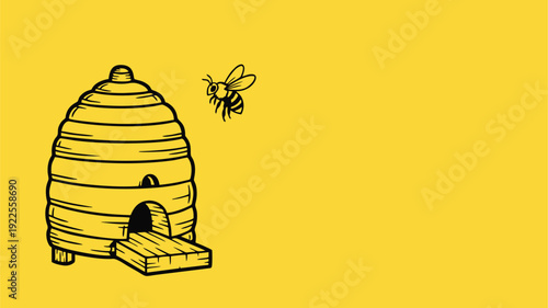 Minimalist Cartoon Bee Flying to Traditional Skep Beehive on Solid Yellow Background