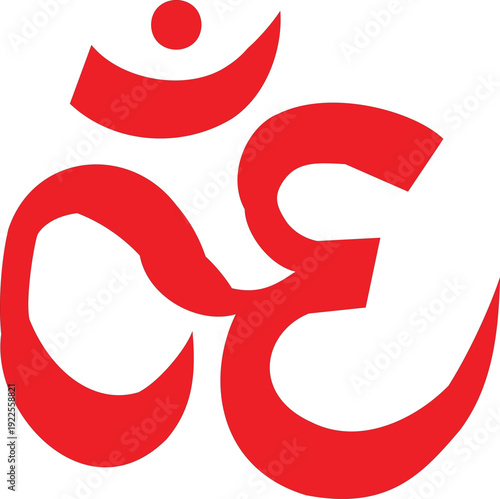 Red Om symbol on a white background, a sacred spiritual icon representing the universe in Hinduism and other religions.