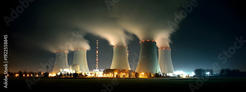 Nuclear power plant cooling towers emitting steam at night with bright illumination creating a dramatic industrial landscape scene