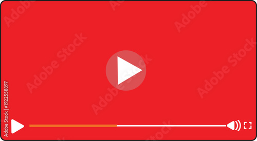 A vibrant red video player interface with a central white play button and a detailed progress bar.