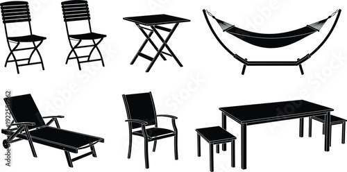 Garden furniture silhouette vector illustration set, folding chair table hammock and sun lounger for outdoor patio isolated on white background