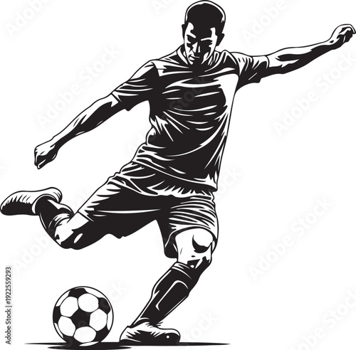 A dynamic black and white image of a soccer player kicking a ball. isolated on white background, Vector