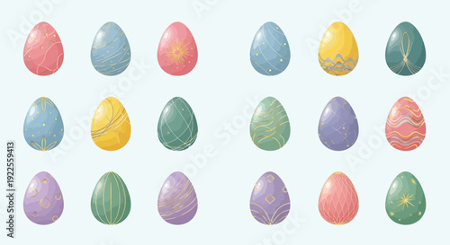 Collection of fifteen beautifully decorated Easter eggs featuring delicate gold line art patterns and soft pastel colors ready for spring celebrations.