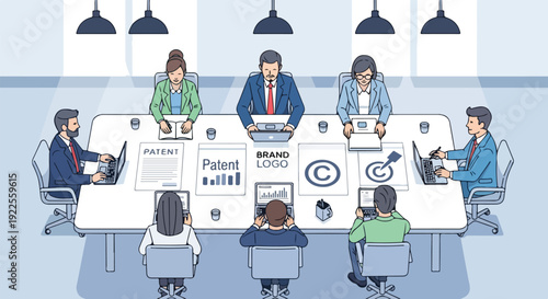 Illustration of a diverse group of business professionals sitting around a large conference table with laptops and discussing patents and branding in a modern office setting with a light