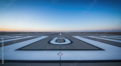 Airport runway with clear blue sky.