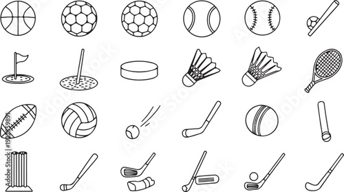 A collection of various sports equipment and accessories isolated on white background, Vector