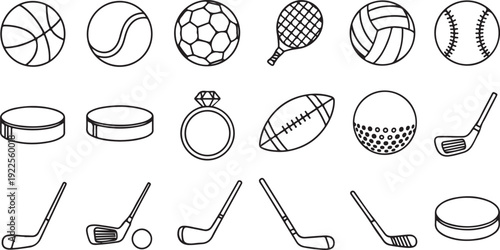 A collection of various sports equipment and their respective balls isolated on white background, Vector