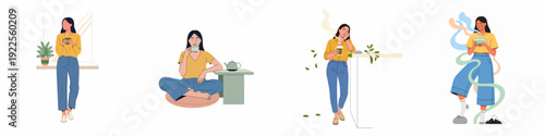 Illustrations of a woman finding peace and relaxation through hot beverages, featuring moments of self-care, comfort, and mindful living.