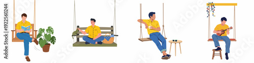 Men enjoying relaxation and hobbies on various swings, illustrating comfort and leisure time activities at home or in a tranquil setting.