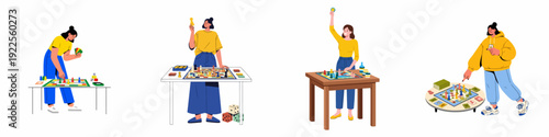 Collection of illustrations featuring women playing various board games, highlighting leisure, strategy, and fun activities.