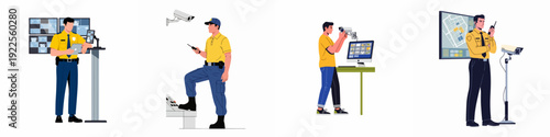 Security personnel managing modern surveillance systems, including CCTV cameras, control rooms, and communication devices, ensuring comprehensive safety and protection in various settings.