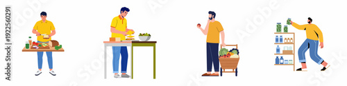 Men engage in various food-related activities: preparing sandwiches, grocery shopping with fresh produce, and organizing pantry items, illustrating healthy lifestyle and home cooking.