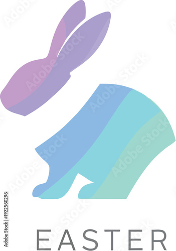 Minimalist graphic design featuring a softly colored pastel rainbow striped rabbit icon above the word easter enclosed in a simple frame