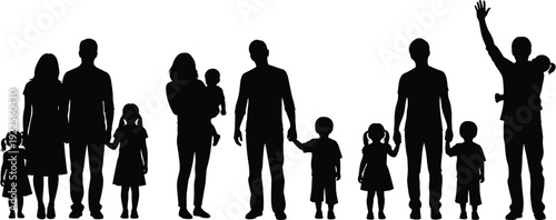 Happy family silhouette vector illustration set, parents holding hands with children, mother holding baby and father with son