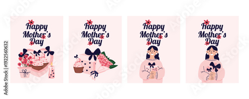 Mothers Day greeting banner set with bouquets gifts and mom holding presents festive family holiday illustration collection