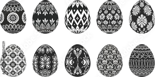 Ten intricately designed black and white decorative Easter eggs displaying various traditional folk art patterns isolated on a white background perfect for holiday design elements.