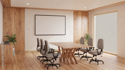 Modern Conference Room Interior with Blank Frame Mockup and Wooden Design.3d rendering.