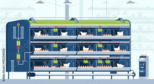 Automated Chicken Egg Production System with Multiple Tiers.