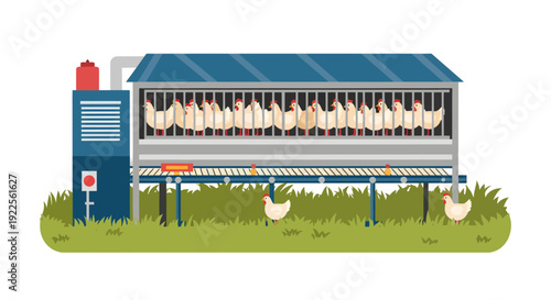 Automated chicken farm with chickens in cages and on grass.