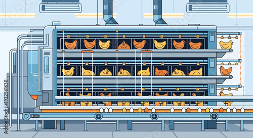 Automated chicken farm with hens laying eggs on a conveyor belt system.
