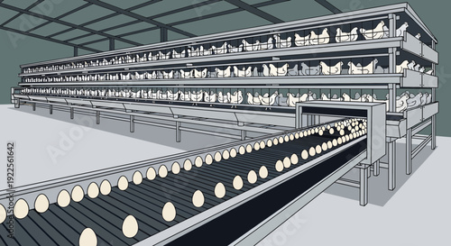 Automated egg production line with chickens in cages.