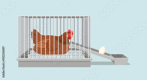 Chicken in a cage with a ramp leading to a scale.