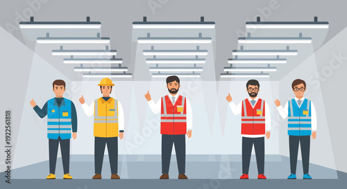 Diverse group of construction workers in safety vests.