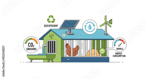 Ecofriendly chicken coop with solar panels and wind turbine for sustainable farming.