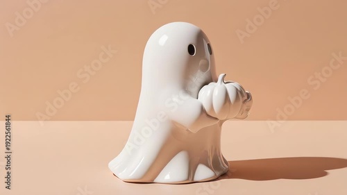 white ceramic ghost figurine with pumpkin on pastel background