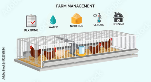 Farm Management Infographic with Chickens in Cages.