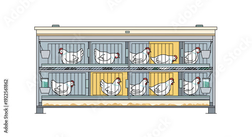 Illustration of chickens in a twotier battery cage system.