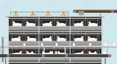Industrial Chicken Farm with Hens in Cages and Egg Conveyor System.